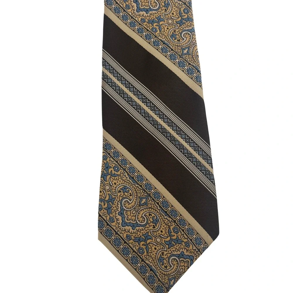 VTG Don Loper MCM Brown Peach Blue Floral Paisley Striped Beverly Hills Tie 70's